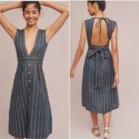 Faithfull the Brand Charcoal Striped Linen Dress Deep V Open Back Balletcore - Picture 2 of 8
